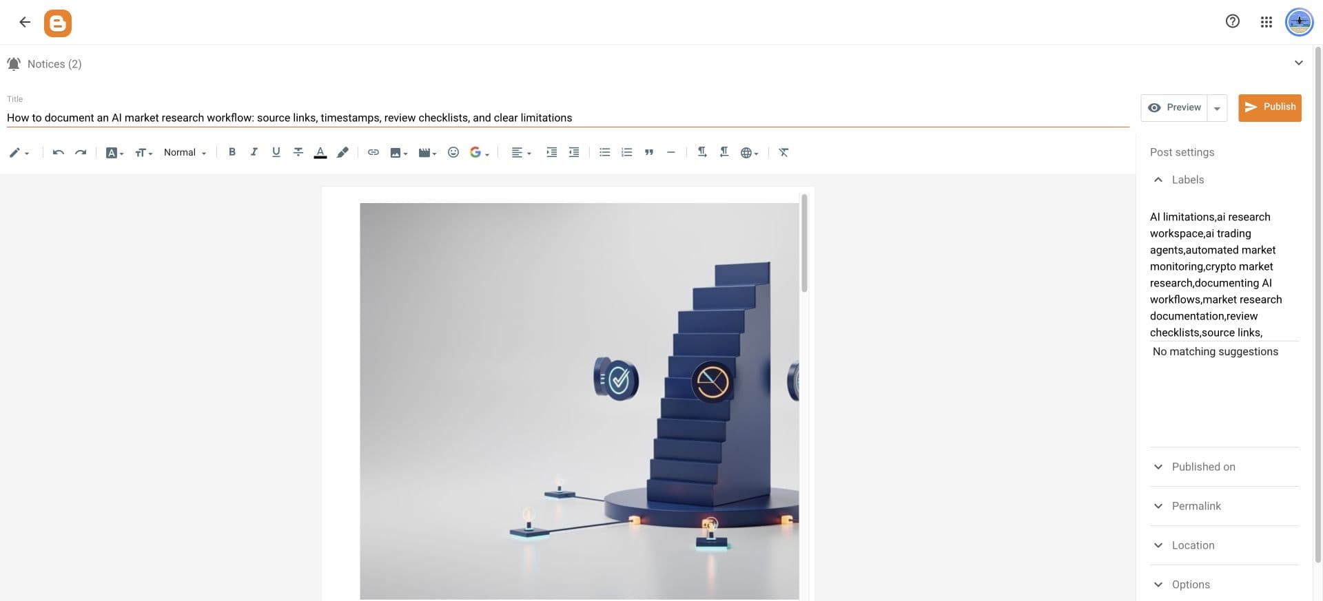 Blogger draft editor showing the hero image, labels in the sidebar, and separate Preview and Publish actions.