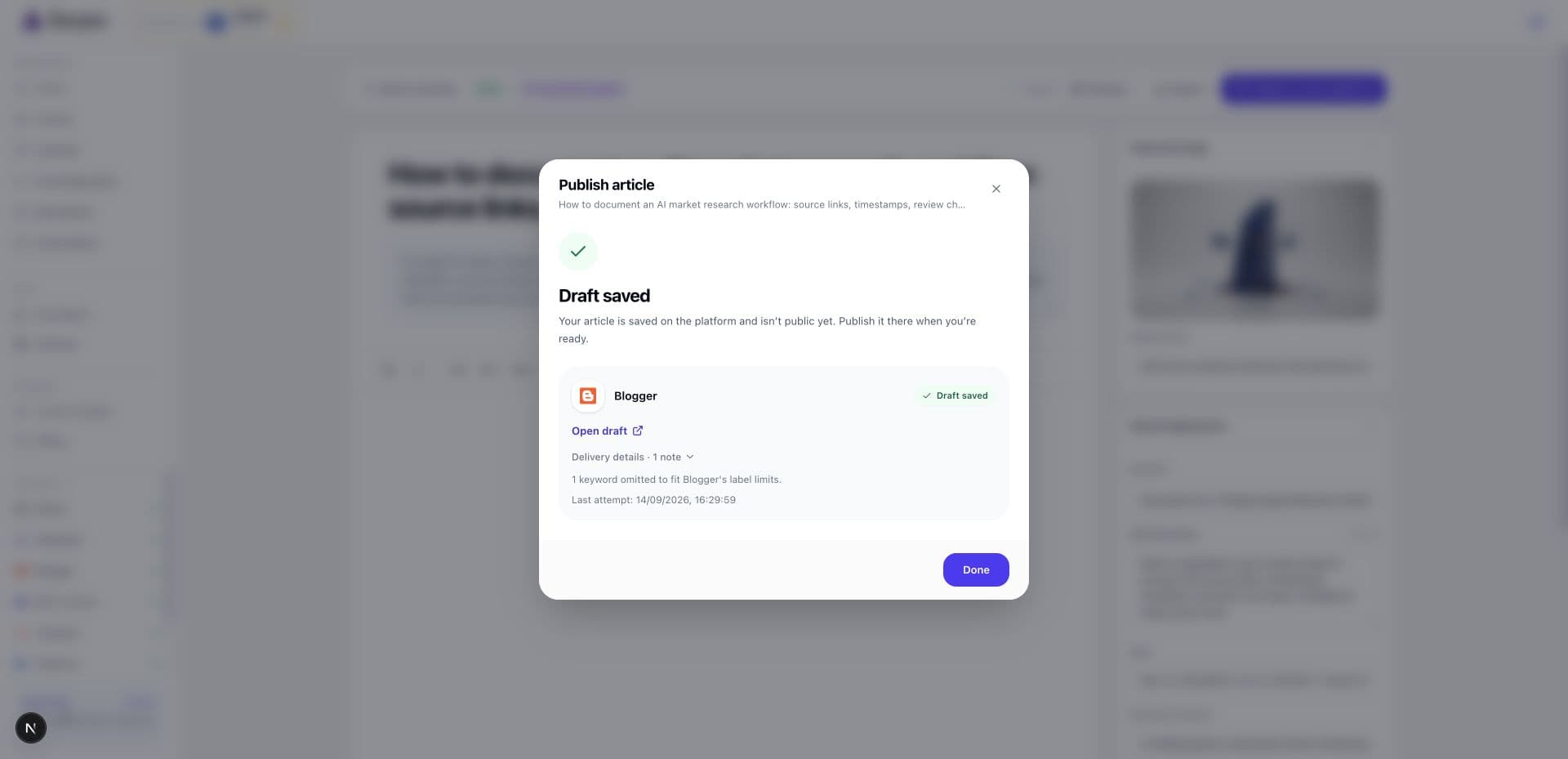 Serpio results view showing Blogger with Draft saved and a delivery note that one keyword was omitted to fit Blogger's label limits.