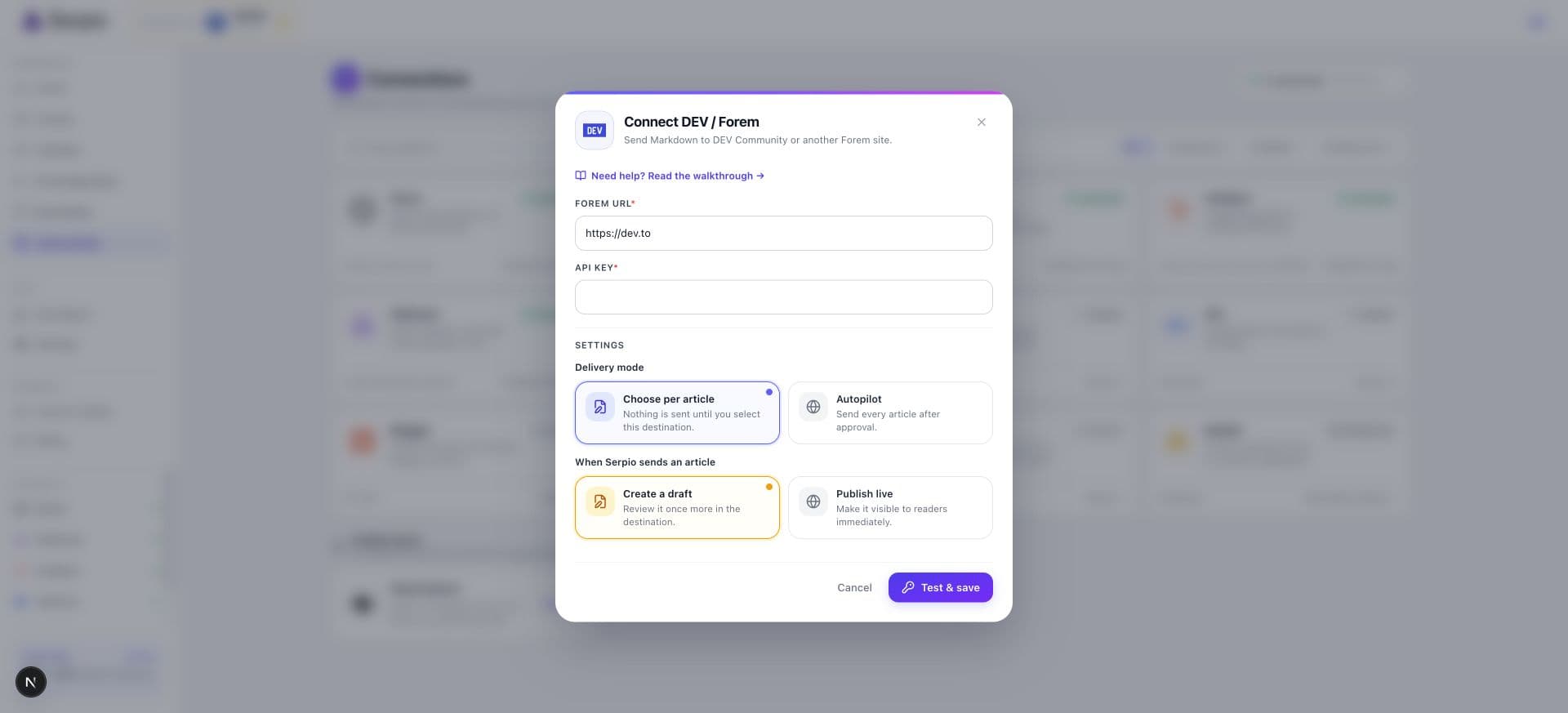Serpio's DEV / Forem connection dialog with https://dev.to in the Forem URL field, an empty API key field, and Choose per article and Create a draft selected.