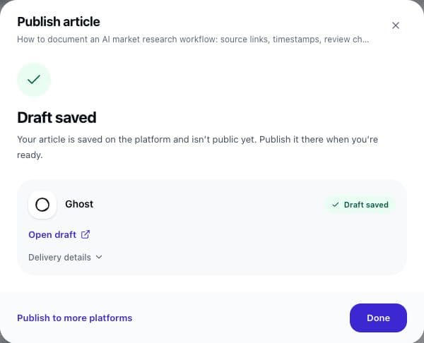Serpio results view showing Ghost with Draft saved and an Open draft link.