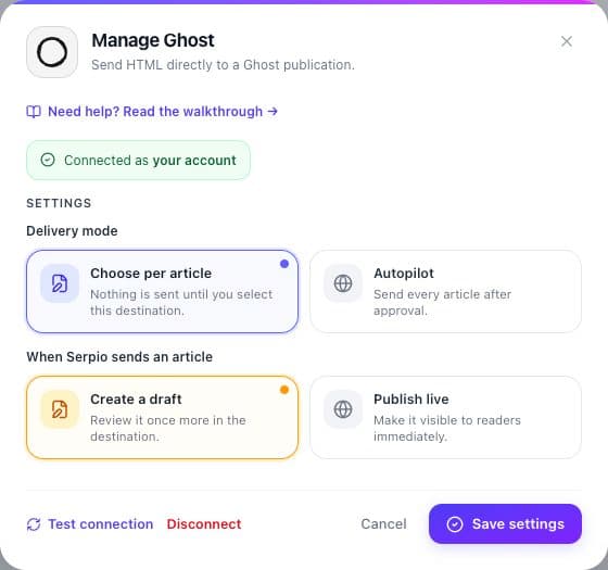 Connected Ghost settings dialog in Serpio with Choose per article and Create a draft selected.