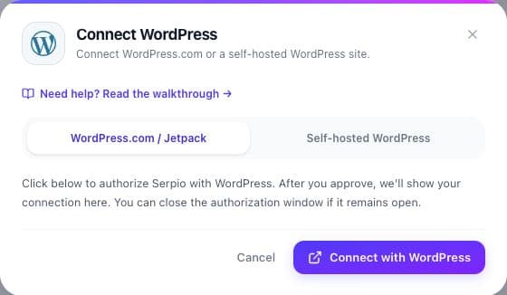 WordPress connection dialog in Serpio with the WordPress.com / Jetpack tab selected and a Connect with WordPress button.